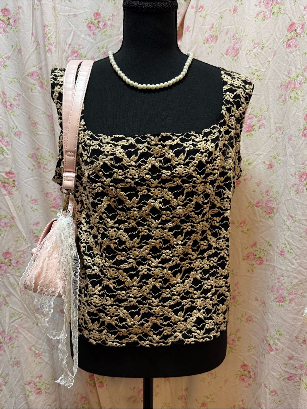 dressbarn Black Tank Top with Gold Lace Overlay